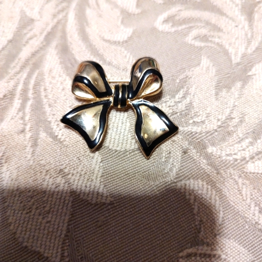 🔸🖤🔸Adorable Vintage 80's Black & Gold Ribbon Bow Brooch - Picture 8 of 13